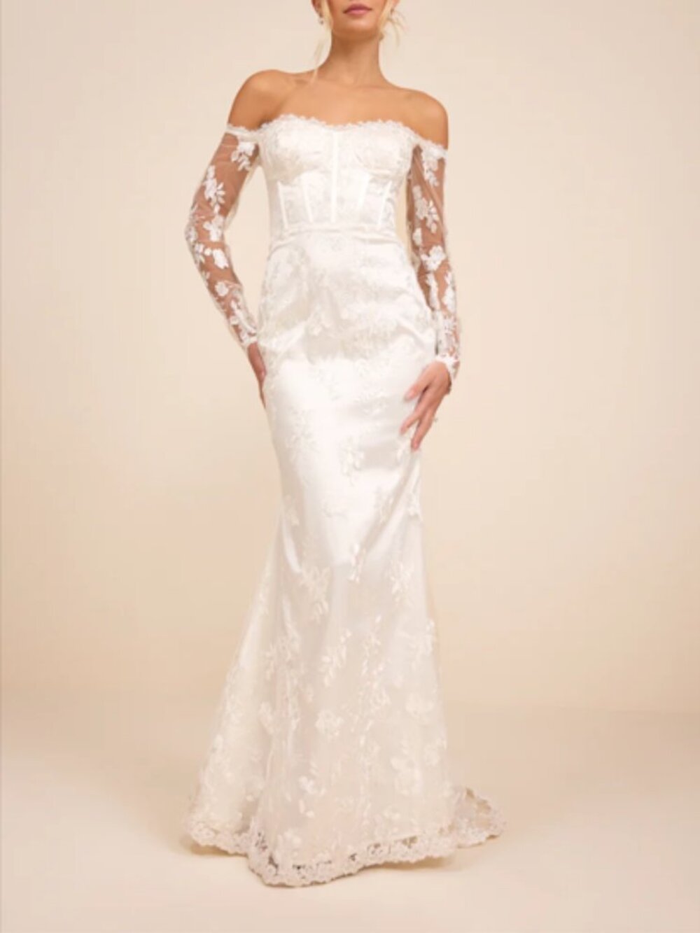 NWT Lucina White Embroidered Bustier Long Sleeve Maxi Dress Size M Bridal
